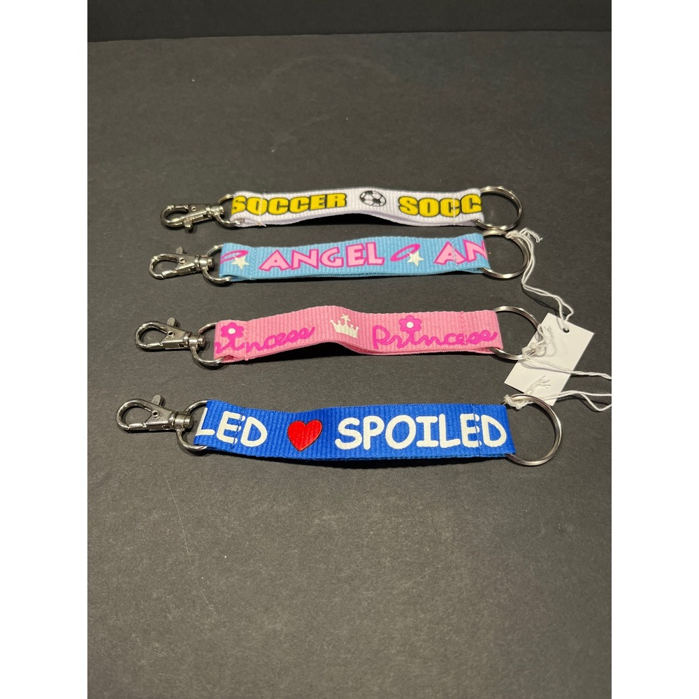 Set of 4 Fabric Strap Keychains Soccer Angel Princess Spoiled Graphic Keyrings
